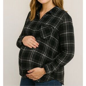 Isabel Maternity Black White Plaid Button-Up Long Sleeve Top Women’s Large